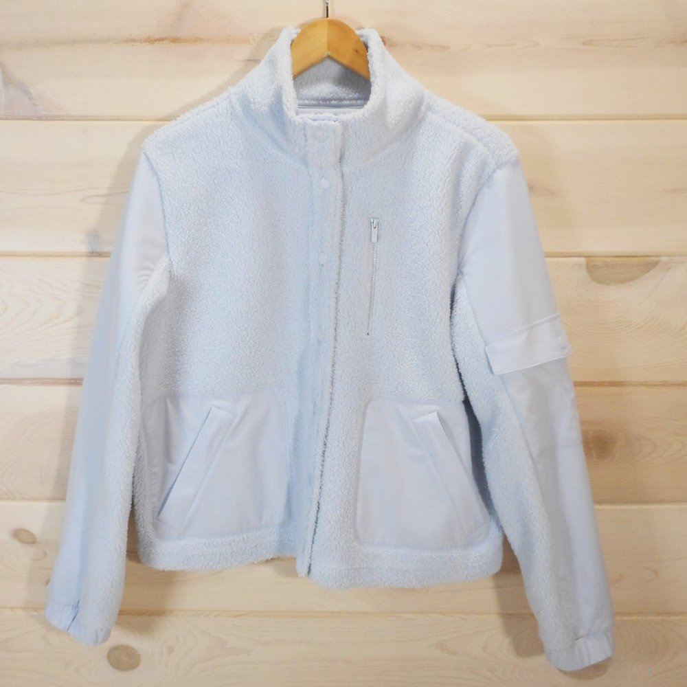 FLX Women's Size L Fleece Jacket Snap Light Blue-Gray Boxy Cut Pockets